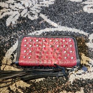 Studded Red Croc-Texture Zip Wallet Wristlet